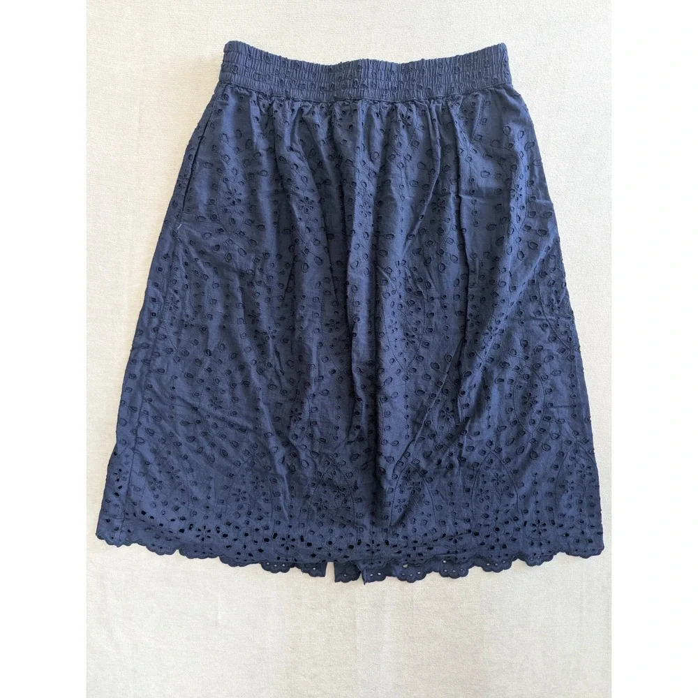 LOFT Blue Eyelet Cotton Midi Skirt Size 8 Button Front A-Line Lined Cottagecore - Picture 5 of 6